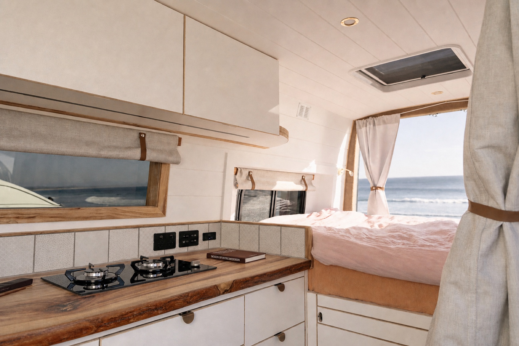 Micha Mercedes Sprinter 4x4 interior overlooking the ocean